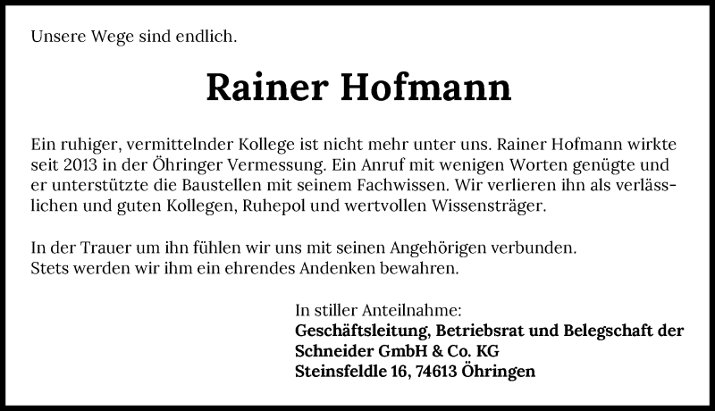  Traueranzeige für Rainer Hofmann vom 03.07.2021 aus GESAMT