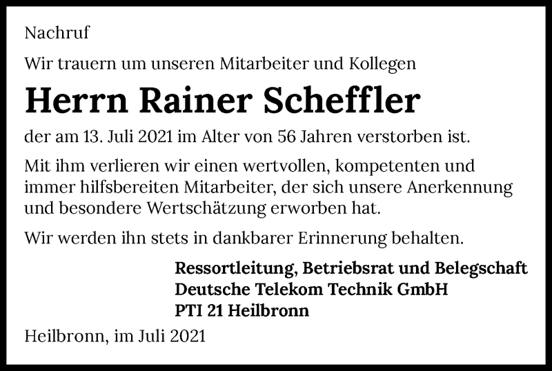  Traueranzeige für Rainer Scheffler vom 24.07.2021 aus GESAMT