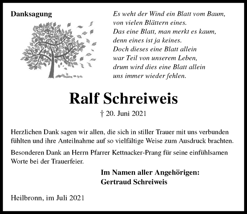  Traueranzeige für Ralf Schreiweis vom 22.07.2021 aus GESAMT