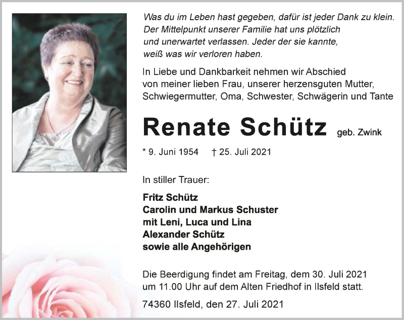  Traueranzeige für Renate Schütz vom 27.07.2021 aus GESAMT