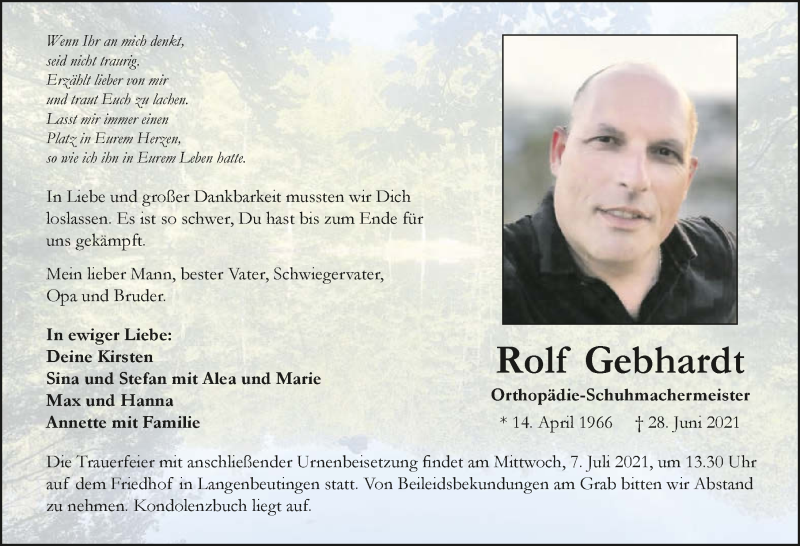  Traueranzeige für Rolf Gebhardt vom 02.07.2021 aus GESAMT