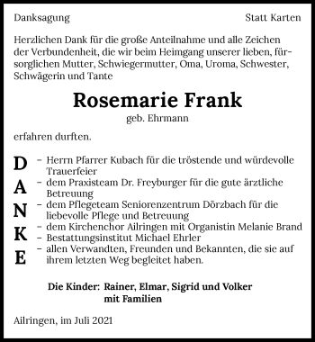 Traueranzeige von Rosemarie Frank von GESAMT