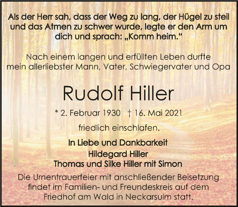  Traueranzeige für Rudolf Hiller vom 22.05.2021 aus GESAMT