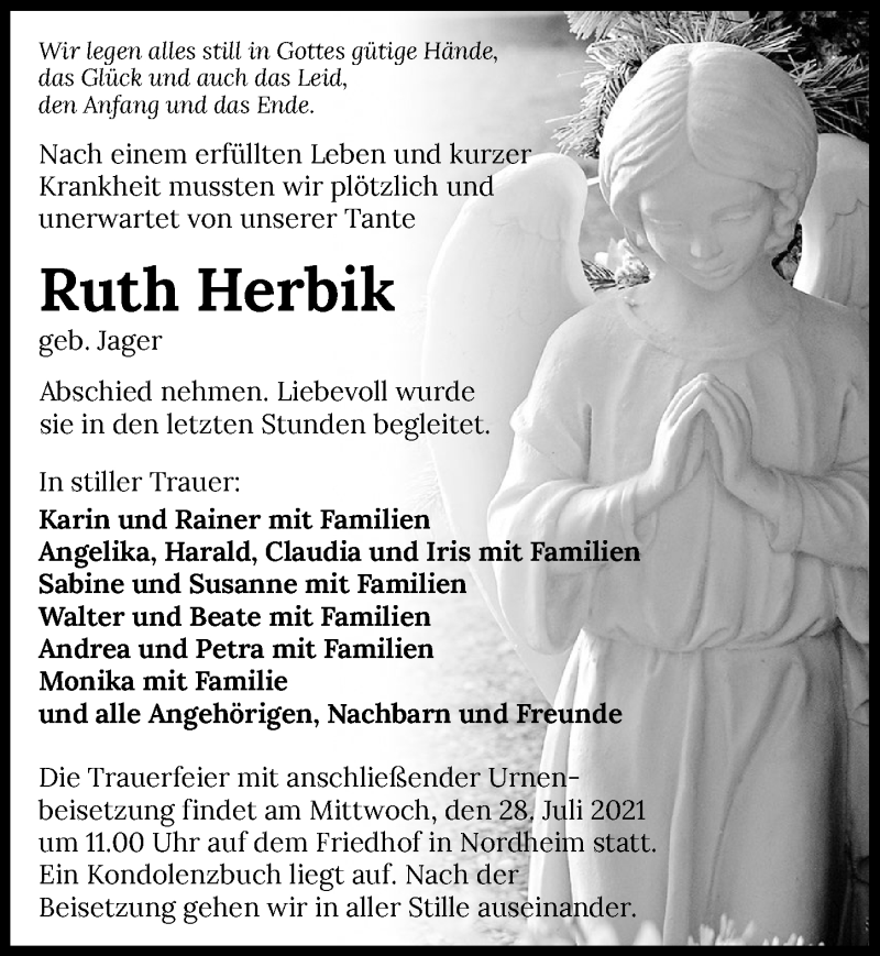  Traueranzeige für Ruth Herbik vom 24.07.2021 aus GESAMT