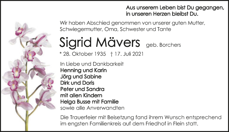  Traueranzeige für Sigrid Mävers vom 31.07.2021 aus GESAMT