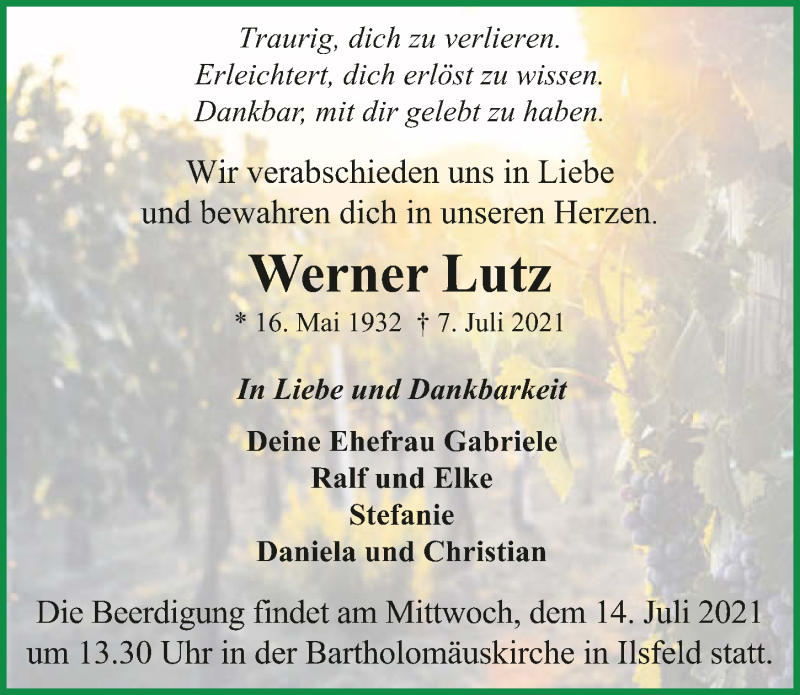  Traueranzeige für Werner Lutz vom 10.07.2021 aus GESAMT