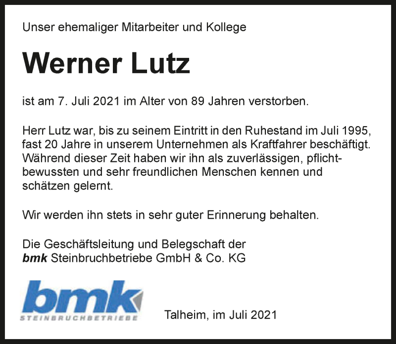  Traueranzeige für Werner Lutz vom 10.07.2021 aus GESAMT