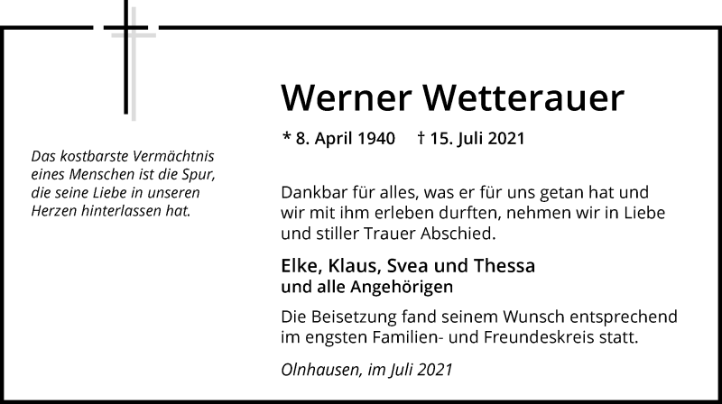  Traueranzeige für Werner Wetterauer vom 24.07.2021 aus GESAMT