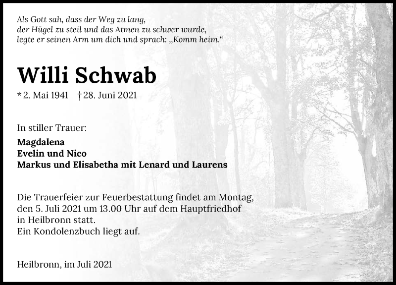  Traueranzeige für Willi Schwab vom 02.07.2021 aus GESAMT