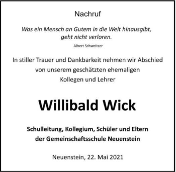 Traueranzeige von Willibald Wick von GESAMT
