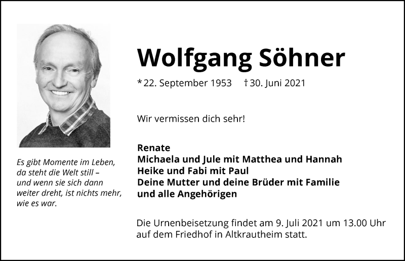  Traueranzeige für Wolfgang Söhner vom 06.07.2021 aus GESAMT