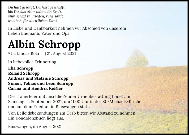  Traueranzeige für Albin Schropp vom 31.08.2021 aus GESAMT