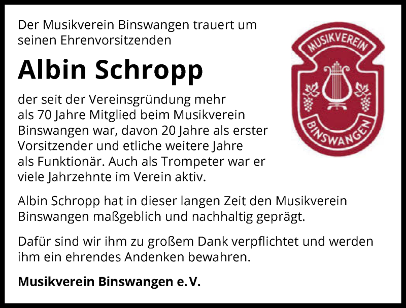  Traueranzeige für Albin Schropp vom 31.08.2021 aus GESAMT