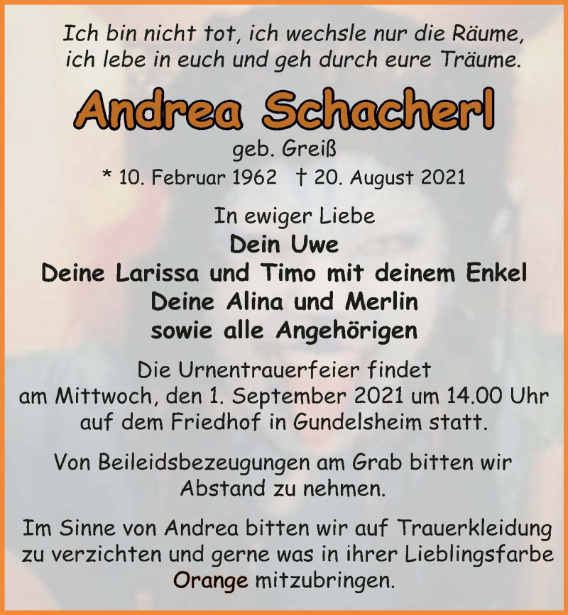  Traueranzeige für Andrea Schacherl vom 28.08.2021 aus GESAMT