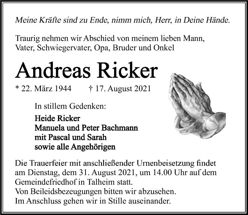  Traueranzeige für Andreas Ricker vom 28.08.2021 aus GESAMT