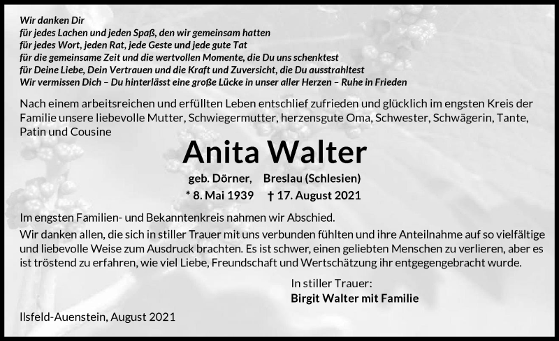  Traueranzeige für Anita Walter vom 28.08.2021 aus GESAMT