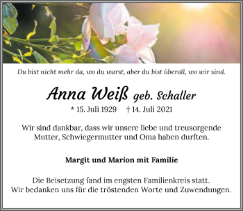 Traueranzeige von Anna Weiß von GESAMT