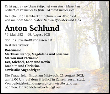 Traueranzeige von Anton Schlund von GESAMT
