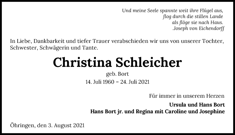  Traueranzeige für Christina Schleicher vom 03.08.2021 aus GESAMT