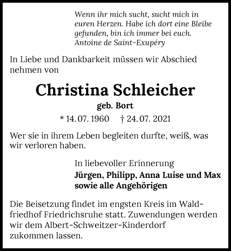 Traueranzeige für Christina Schleicher vom 02.08.2021 aus GESAMT