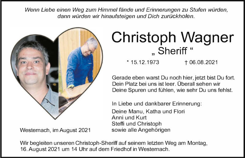  Traueranzeige für Christoph Wagner vom 13.08.2021 aus GESAMT