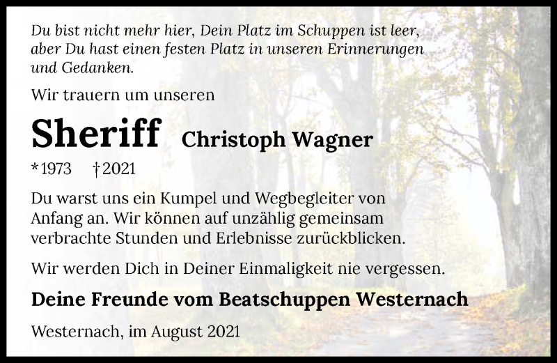  Traueranzeige für Christoph Wagner vom 14.08.2021 aus GESAMT