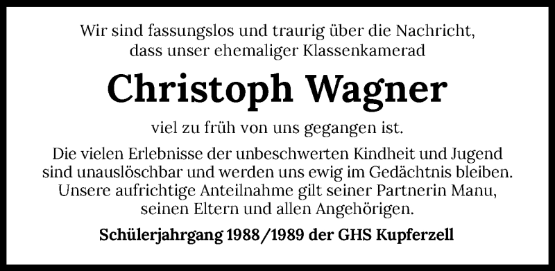  Traueranzeige für Christoph Wagner vom 13.08.2021 aus GESAMT