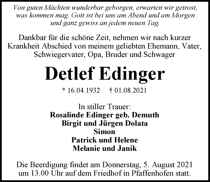  Traueranzeige für Detlef Edinger vom 03.08.2021 aus GESAMT