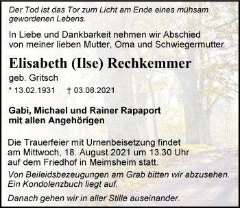 Traueranzeige von Elisabeth Rechkemmer von GESAMT