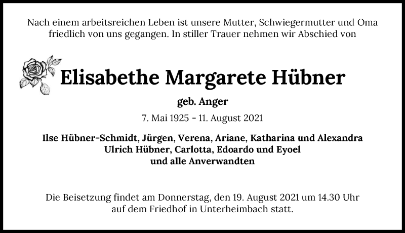  Traueranzeige für Elisabethe Margarete Hübner vom 16.08.2021 aus GESAMT