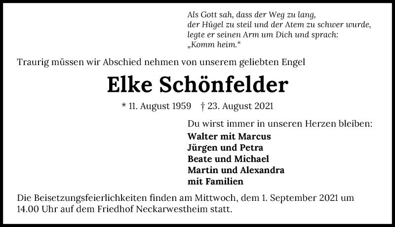  Traueranzeige für Elke Schönfelder vom 28.08.2021 aus GESAMT