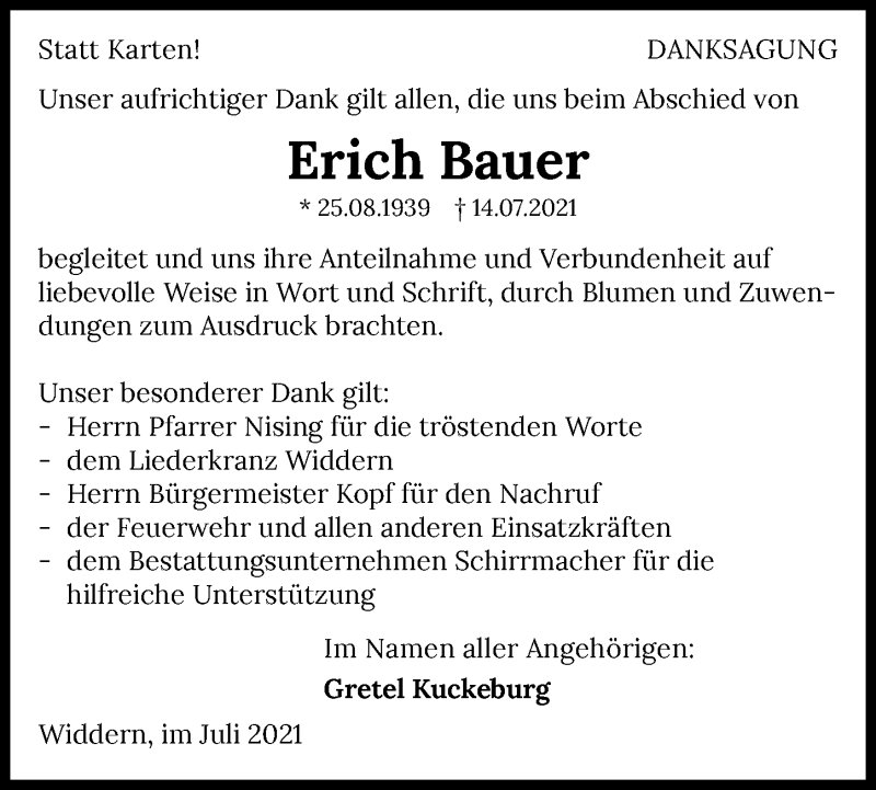  Traueranzeige für Erich Bauer vom 06.08.2021 aus GESAMT