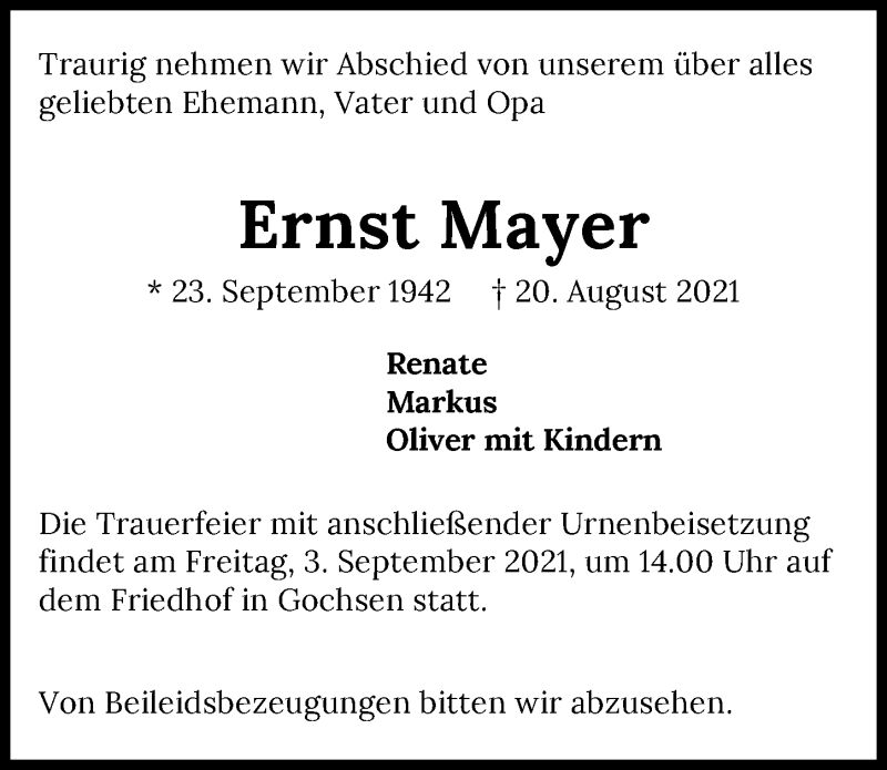  Traueranzeige für Ernst Mayer vom 01.09.2021 aus GESAMT