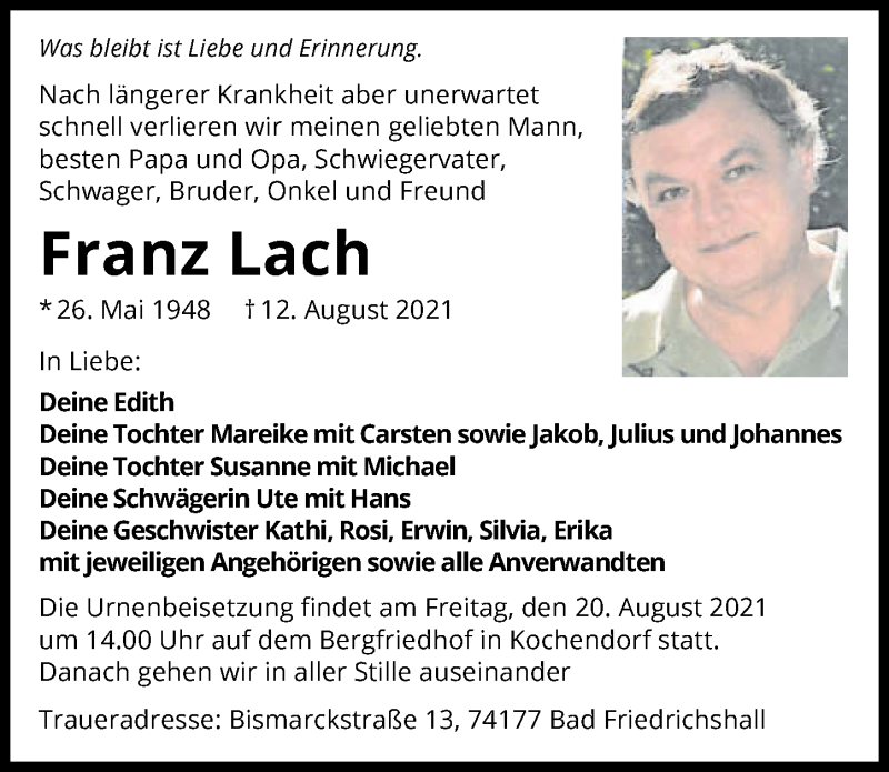  Traueranzeige für Franz Lach vom 18.08.2021 aus GESAMT