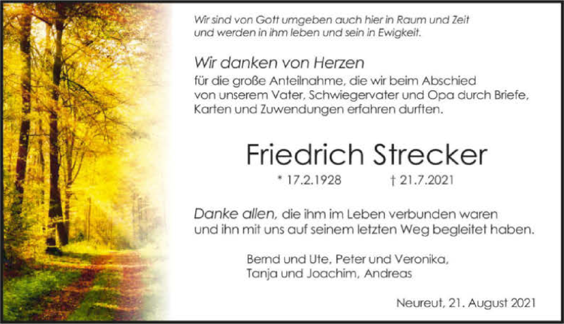  Traueranzeige für Friedrich Strecker vom 21.08.2021 aus GESAMT