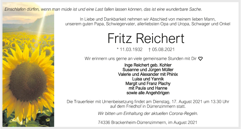  Traueranzeige für Fritz Reichert vom 14.08.2021 aus GESAMT