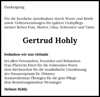 Traueranzeige von Gertrud Hohly von GESAMT