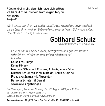 Traueranzeige von Gotthard Schulz von GESAMT