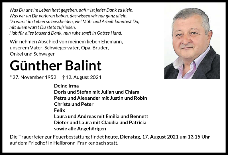  Traueranzeige für Günther Balint vom 17.08.2021 aus GESAMT