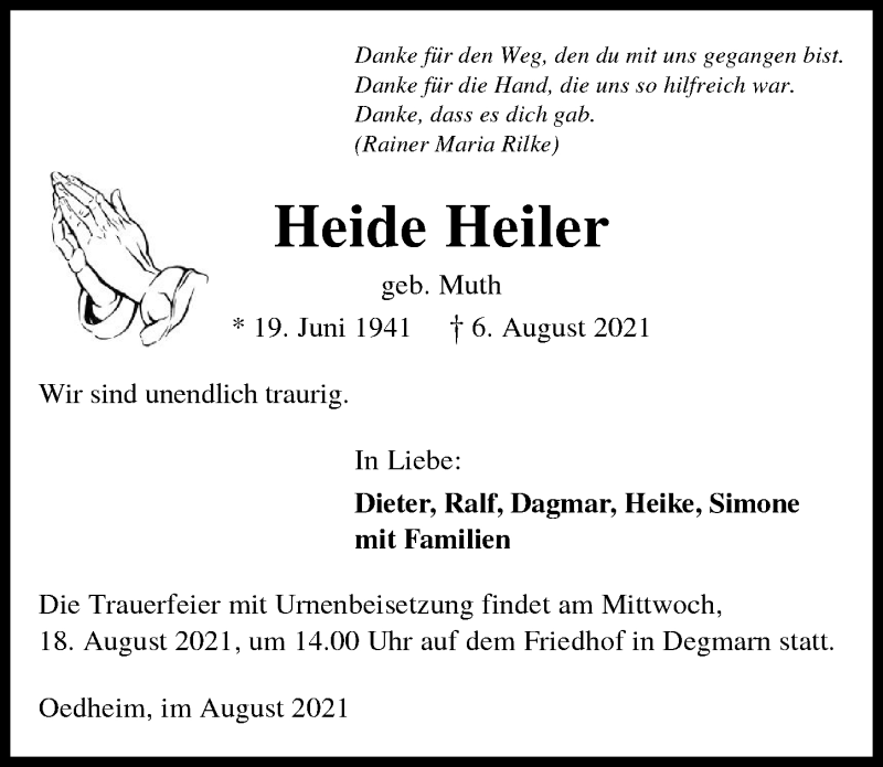  Traueranzeige für Heide Heiler vom 14.08.2021 aus GESAMT