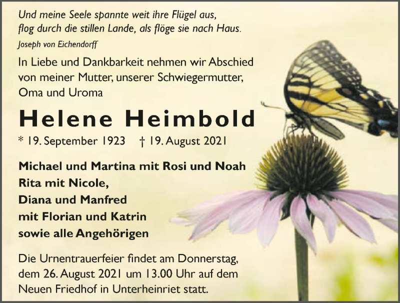  Traueranzeige für Helene Heimbold vom 21.08.2021 aus GESAMT