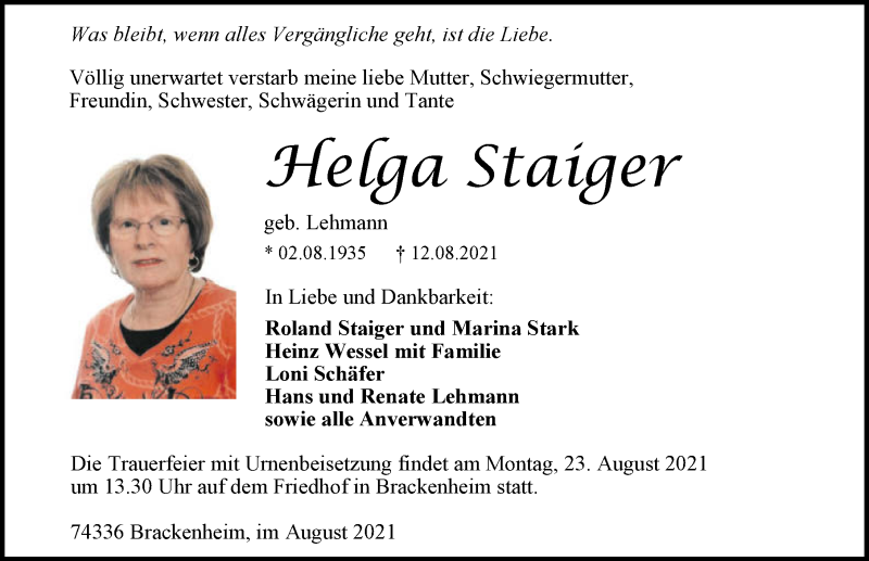 Traueranzeige für Helga Staiger vom 21.08.2021 aus GESAMT