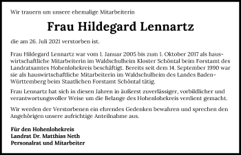 Traueranzeige von Hildegard Lennartz von GESAMT
