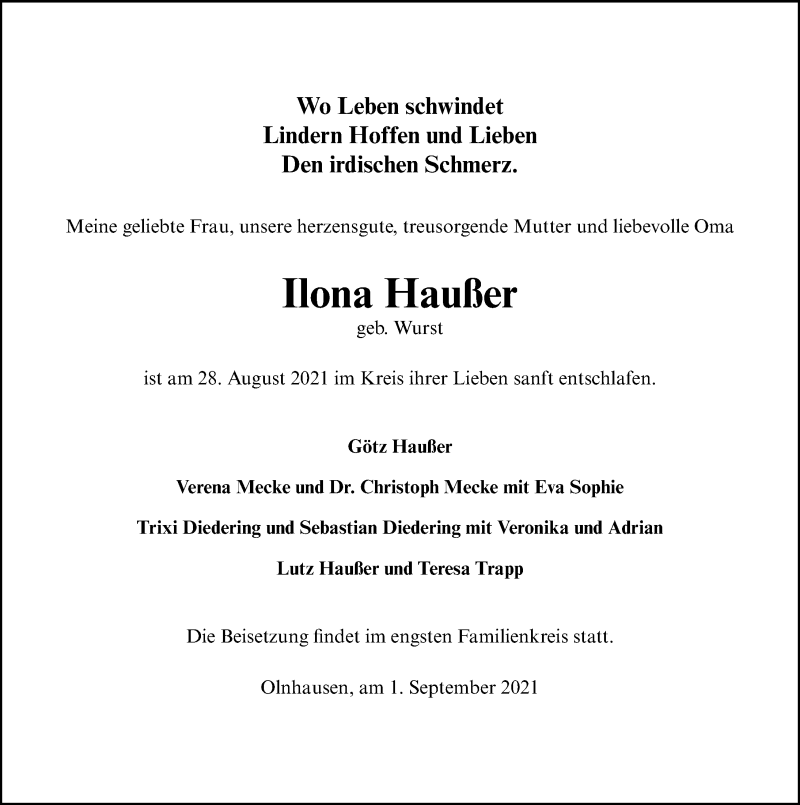  Traueranzeige für Ilona Haußer vom 01.09.2021 aus GESAMT