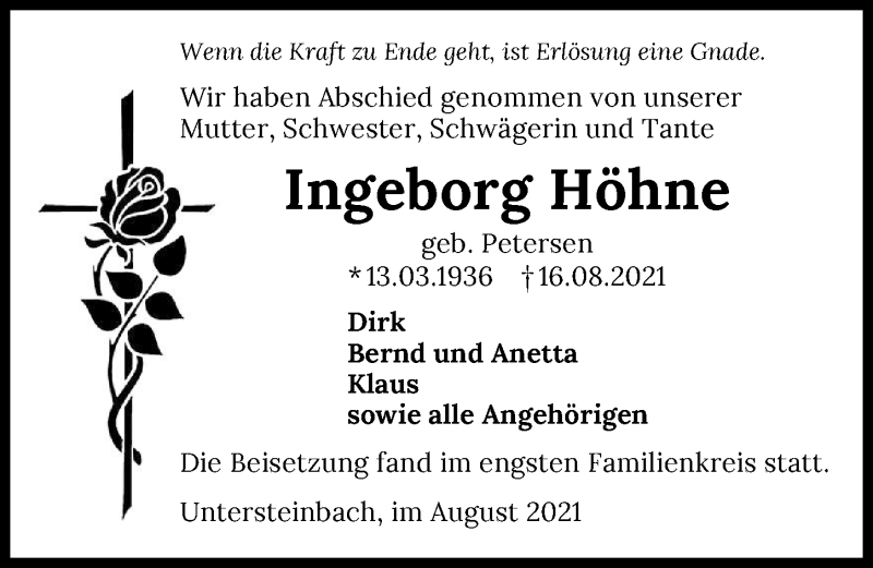  Traueranzeige für Ingeborg Höhne vom 28.08.2021 aus GESAMT