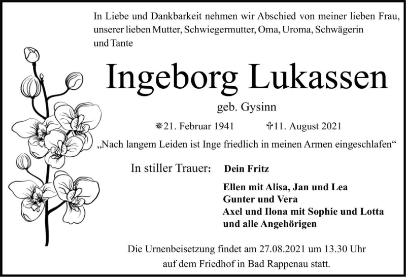  Traueranzeige für Ingeborg Lukassen vom 25.08.2021 aus GESAMT
