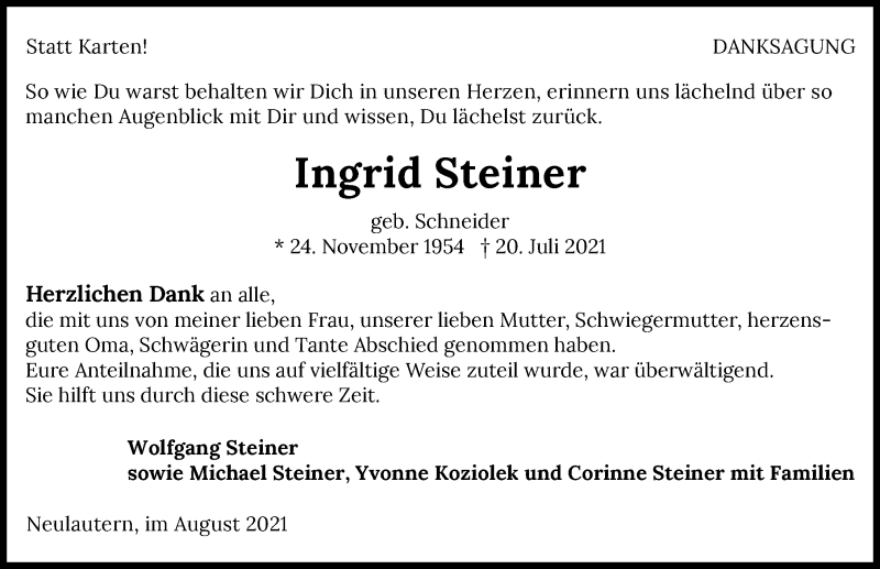  Traueranzeige für Ingrid Steiner vom 17.08.2021 aus GESAMT