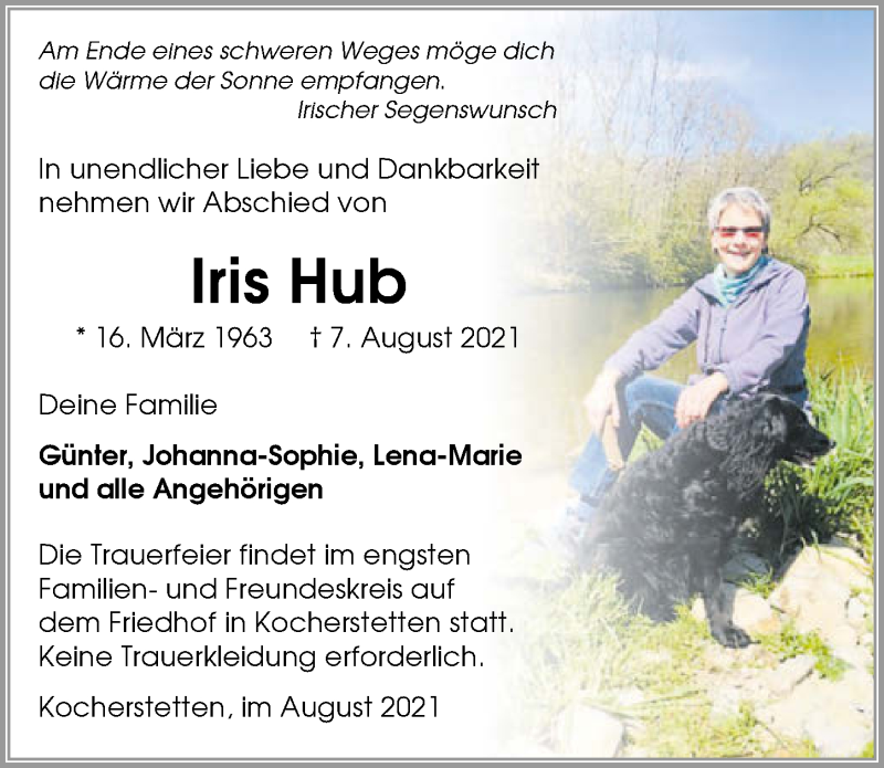  Traueranzeige für Iris Hub vom 14.08.2021 aus GESAMT