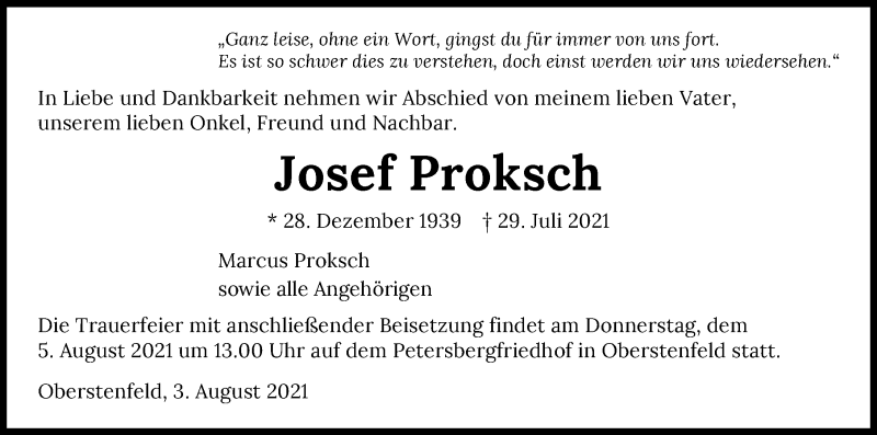  Traueranzeige für Josef Proksch vom 04.08.2021 aus GESAMT