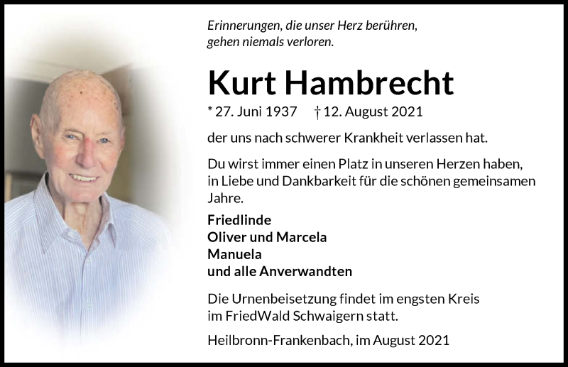  Traueranzeige für Kurt Hambrecht vom 21.08.2021 aus GESAMT